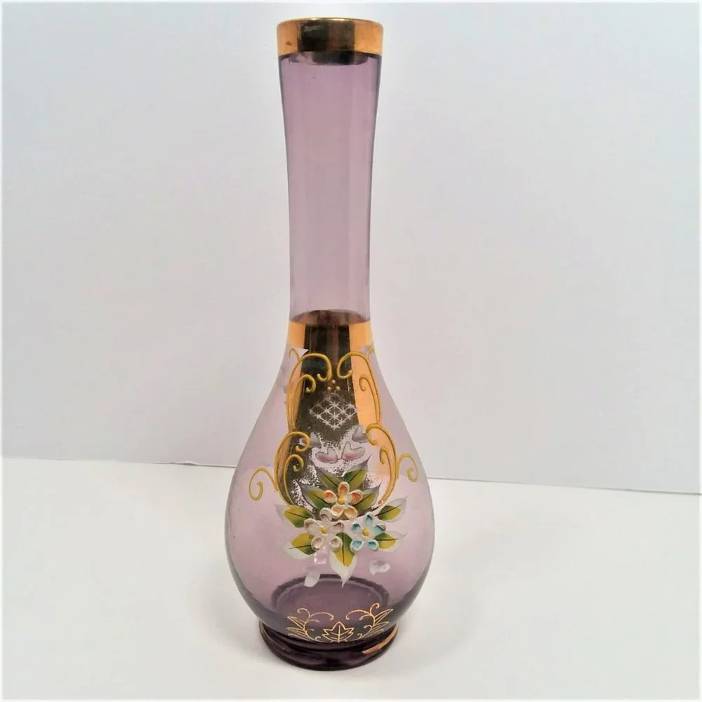 Purple Bud Vase VTG Norleans Floral Art Hand Painted Enameled Flowers Gold Trim